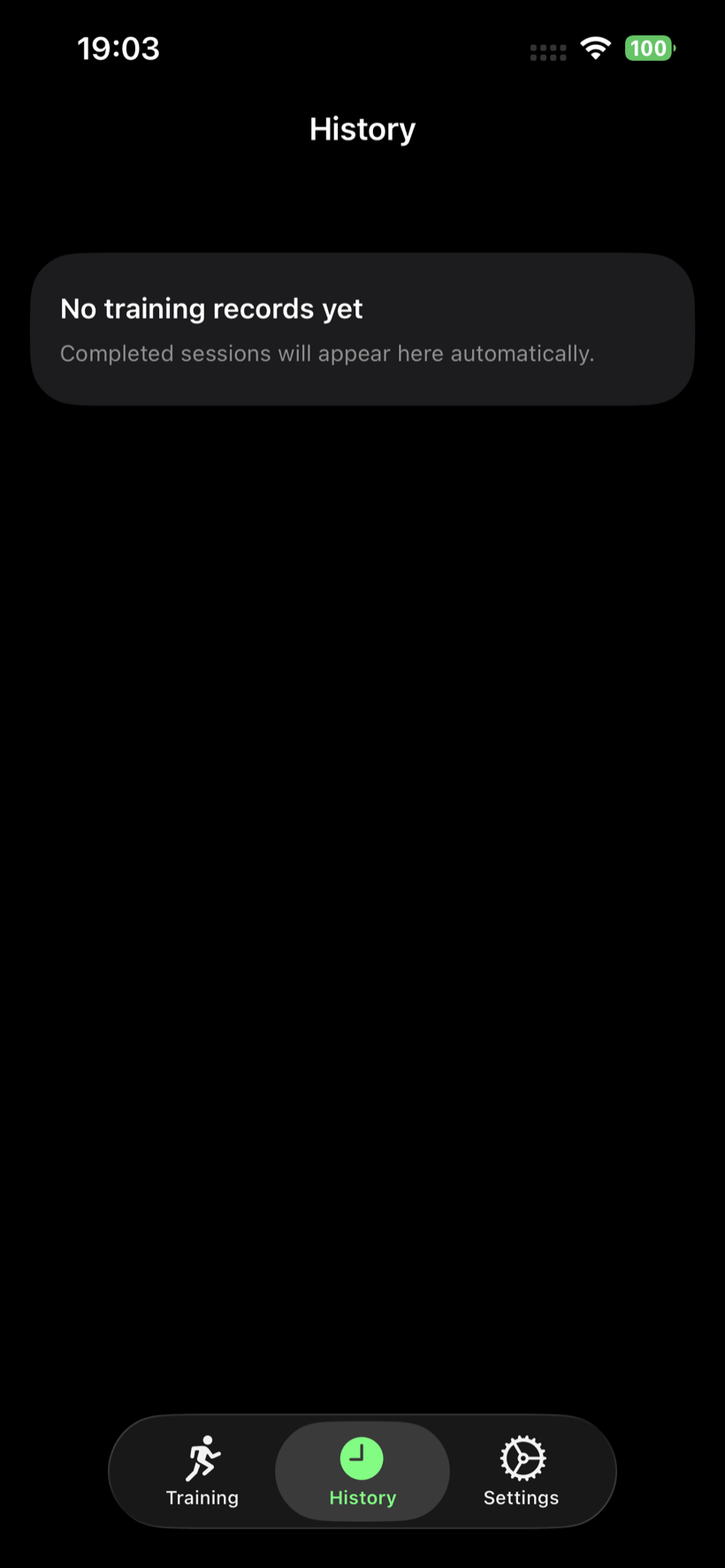 TempoKit history screen where completed training sessions appear