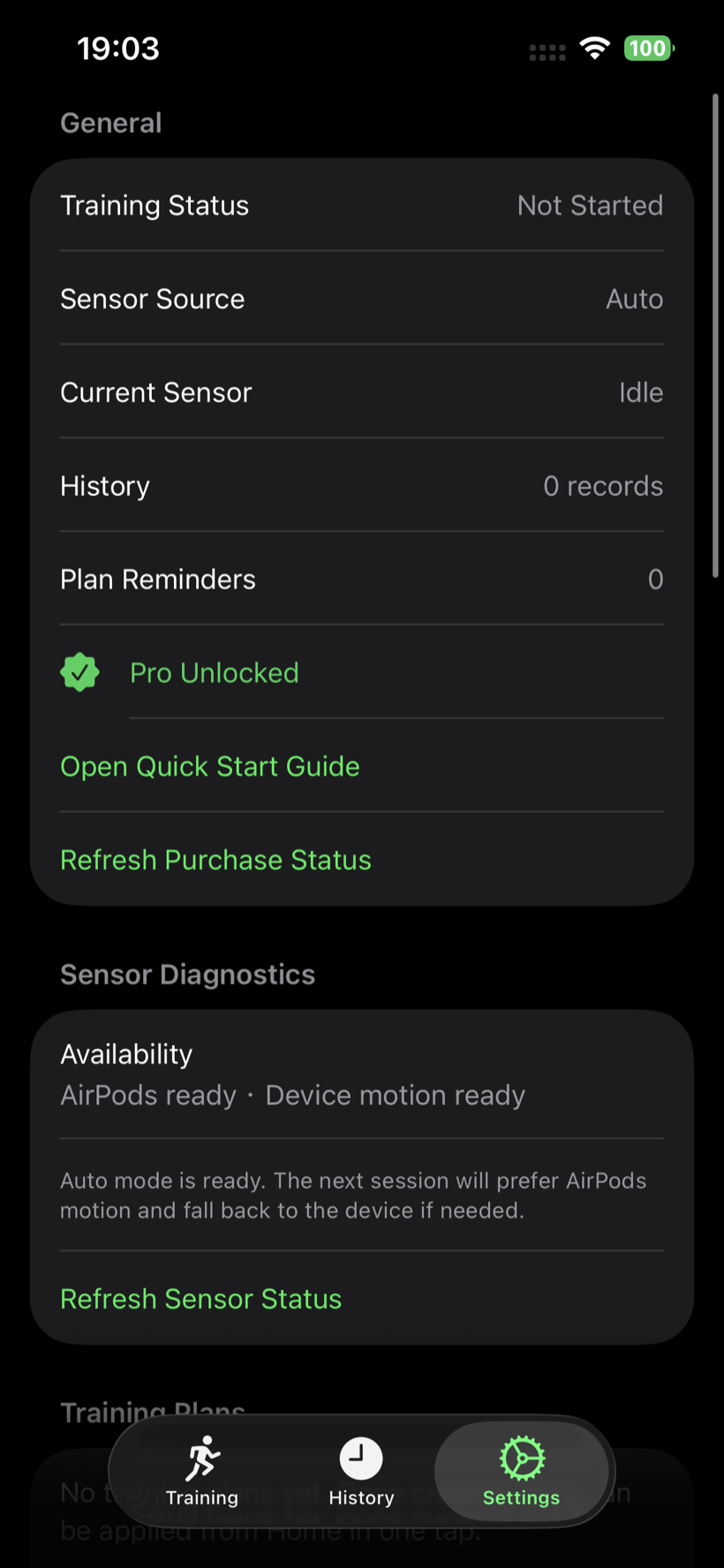 TempoKit settings screen showing sensor readiness, training status, reminders, and plan controls
