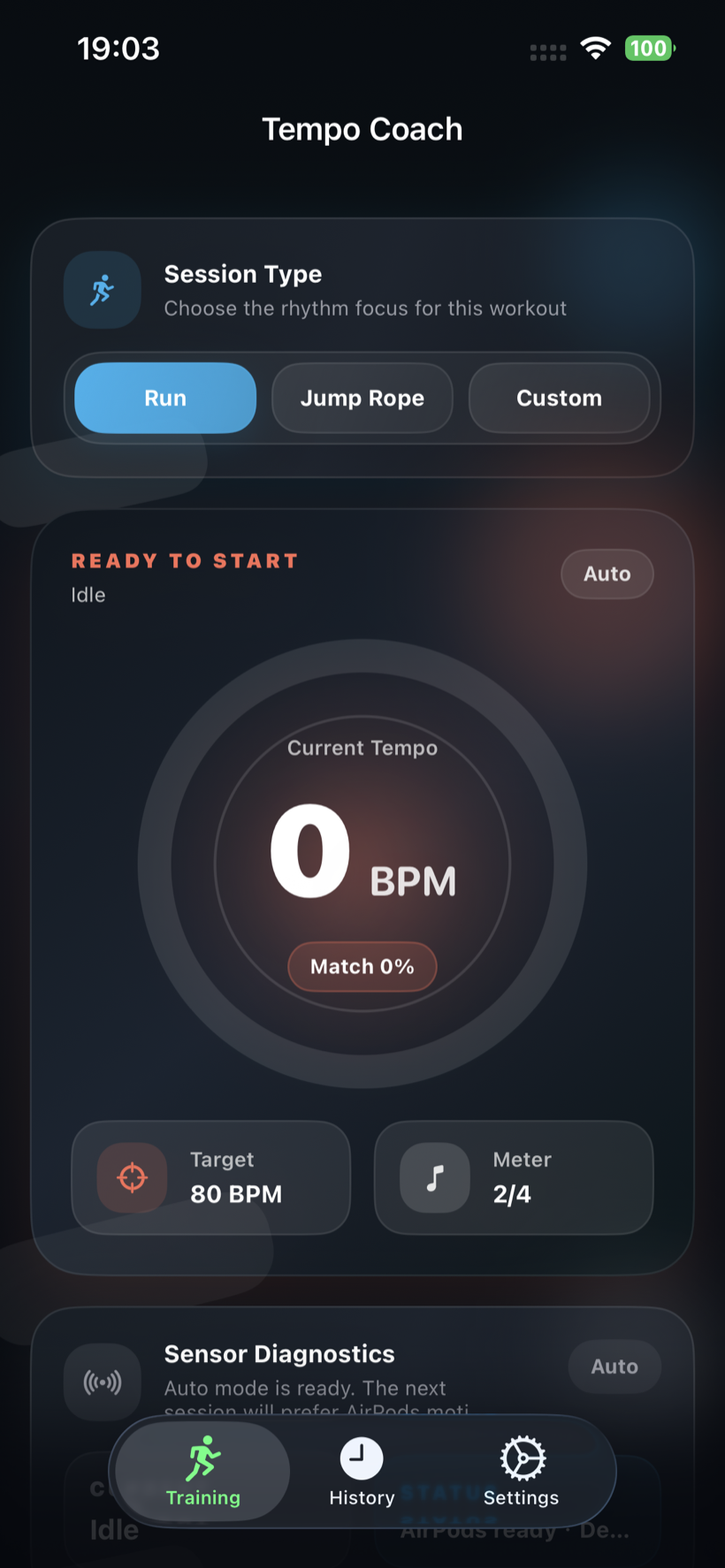 TempoKit training screen showing session type, current tempo, target BPM, meter, and sensor diagnostics